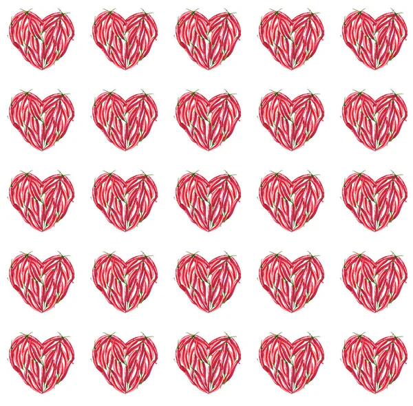 Schöne helle Herzen von roten Chilischoten Muster Aquarell Hand Illustration — Stockfoto