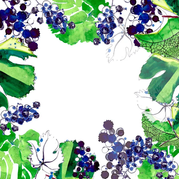 Beau motif lumineux abstrait de raisins bleus et de feuilles vertes faites avec des aquarelles et un stylo avec des éclaboussures et des gouttes cadre croquis à la main — Photo