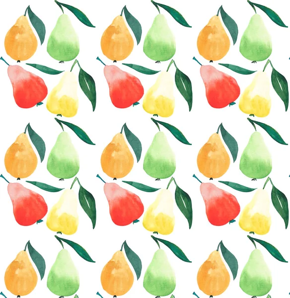 Brillante hermoso verano maduro jugosas peras naranja verde rojo y amarillo colores con hojas verdes patrón acuarela mano boceto — Foto de Stock
