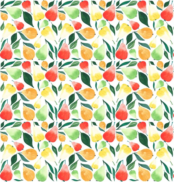 Яскраві красиві літні соковиті груші оранжево-зелені червоно-жовті кольори з зеленим листям візерунок аквареллю ручна ілюстрація — стокове фото