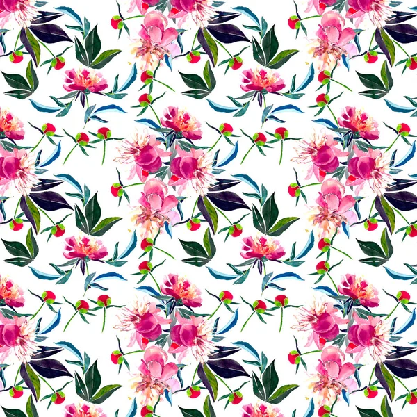 녹색 나뭇잎 패턴 수채화 손으로 베이지색 가루 분홍색 모란의 아름 다운 부드러운 정교한 꽃 구성 스케치 — 스톡 사진
