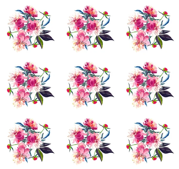 Bela composição floral de ervas concurso de um peônias rosa em pó bege com padrão de folhas verdes aquarela esboço da mão — Fotografia de Stock