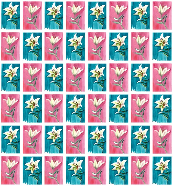 Brilhante bela primavera floral sem costura padrão de lírios brancos em fundos azuis e rosa aquarela esboço da mão — Fotografia de Stock