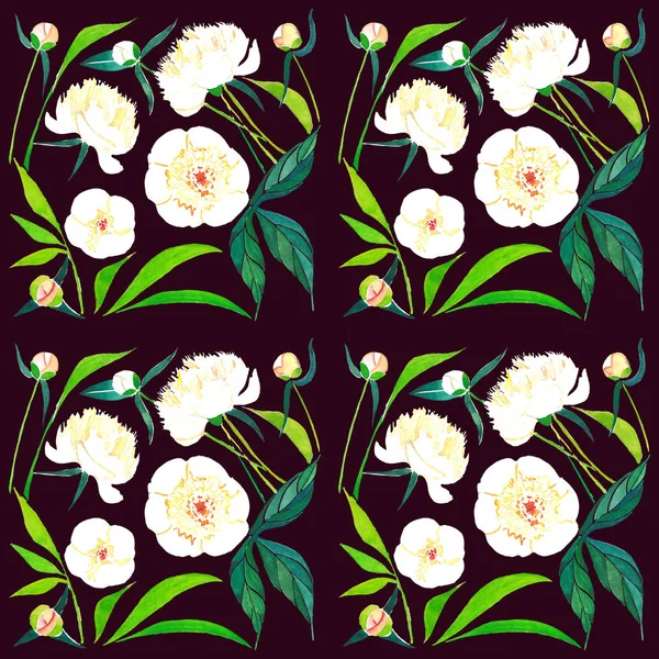 Яркая красивая графическая весна сложные белые пионы узор на темном фоне акварели ручной эскиз — стоковое фото