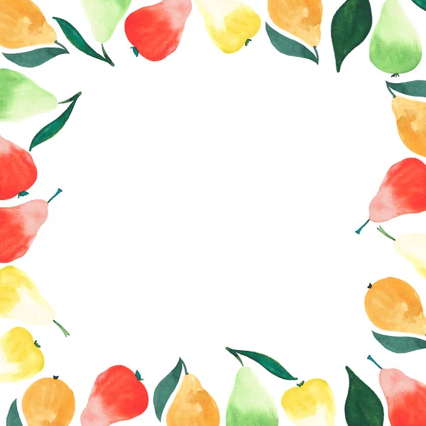 Pêras suculentas maduras brilhantes laranja verde vermelho e amarelo cores com folhas verdes em uma moldura no fundo branco esboço da mão aquarela — Fotografia de Stock
