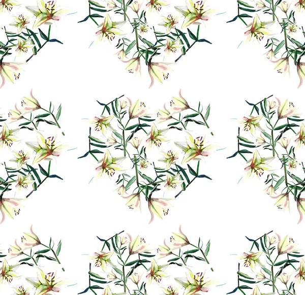 흰색 배경 패턴 수채화 손 그림에 흰색 베이지색 가루 마음 백합 부드러운 세련 된 아름 다운 봄 패턴 — 스톡 사진