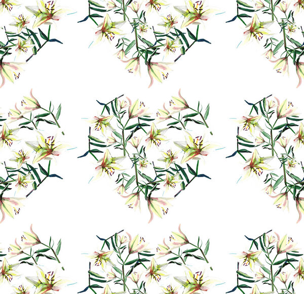 Gentle refined beautiful spring pattern of white beige powdery hearts lilies on white background pattern watercolor hand illustration