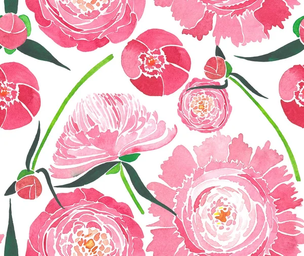 Φωτεινό διαγωνισμού φυτικά floral σύνθεση από ένα ροζ παιώνιες με πράσινα φύλλα μοτίβο ακουαρέλα χέρι σκίτσο — Φωτογραφία Αρχείου