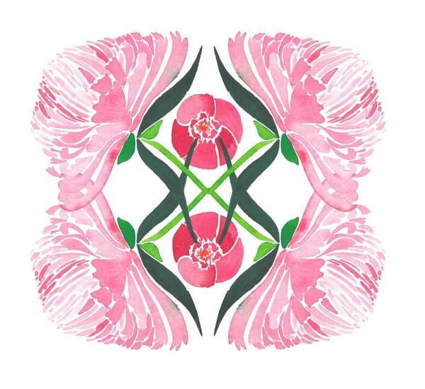 Wyrafinowane piękny przetargu ziołowe kompozycji kwiatowych różowe piwonie z zielonych liści wzór dłoń akwarela ilustracja — Zdjęcie stockowe
