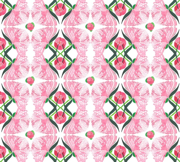 Belle composition florale tendre à base de plantes d'une pivoine rose avec motif de feuilles vertes aquarelle illustration à la main — Photo