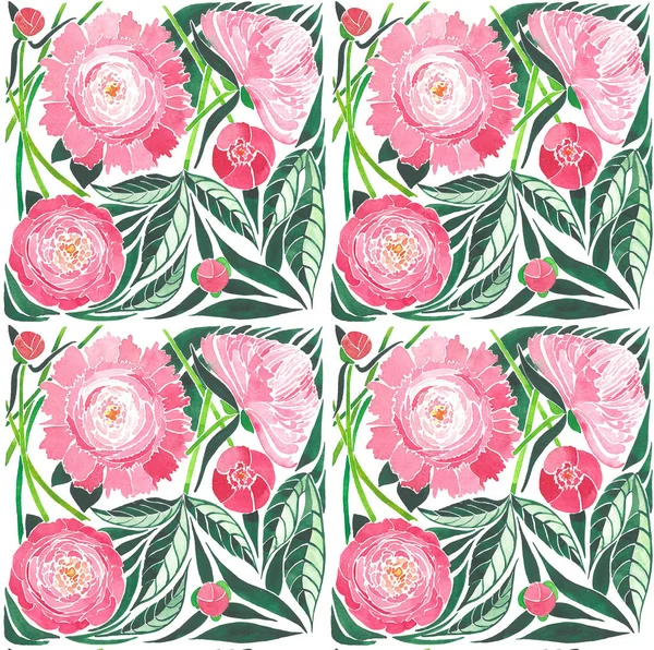 Bella tenera composizione floreale a base di erbe luminoso di una peonie rosa con foglie verdi su sfondo bianco disegno acquerello mano schizzo — Foto Stock