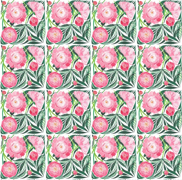 Belle composition florale tendre à base de plantes d'une pivoine rose avec des feuilles vertes sur fond blanc motif aquarelle croquis à la main — Photo