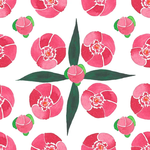 Belle composition graphique printemps floral tendre d'une pivoine rose avec motif feuilles vertes aquarelle illustration à la main — Photo