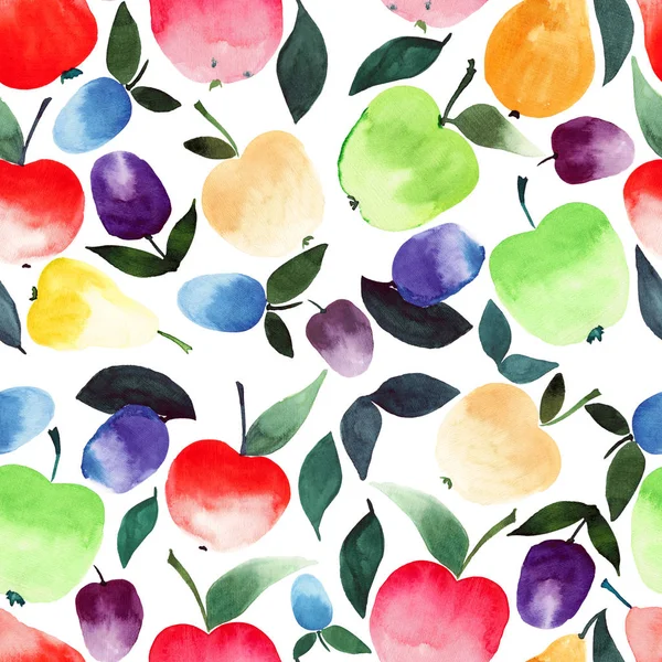 明亮美丽的夏天多汁梨苹果李子橙色绿色红色紫色和黄色颜色，绿色的树叶图案水彩手图 — 图库照片