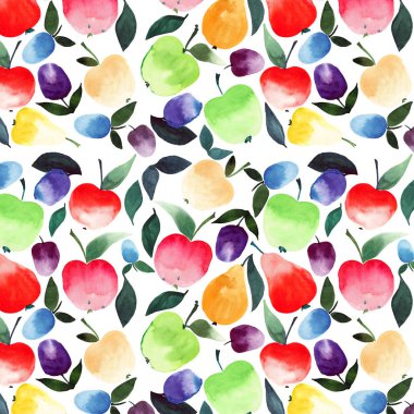 Güzel renkli güzel yaz sulu lezzetli armut elma Erik turuncu yeşil kırmızı mor ve sarı renkleri yeşil yaprakları desen suluboya resim el