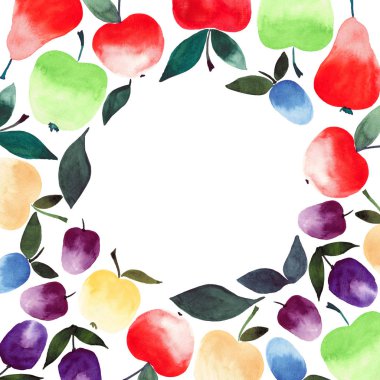 Parlak güzel yaz sulu çerçeve armut elma Erik turuncu yeşil kırmızı mor ve sarı renkleri yeşil yaprakları desen suluboya resim el
