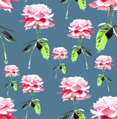 İhale sofistike güzel bahar çiçek bitkisel pembe Gül desenli mavi arka plan suluboya el kroki üzerinde