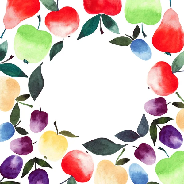 Parlak güzel yaz sulu çerçeve armut elma Erik turuncu yeşil kırmızı mor ve sarı renkleri yeşil yaprakları desen suluboya resim el
