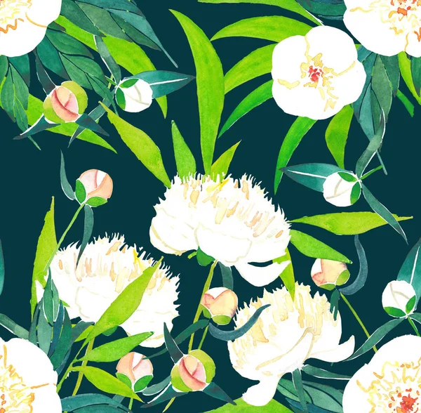 Belle belle graphique printemps sophistiqué floral à base de plantes pivoines blanches motif sur fond bleu foncé aquarelle illustration à la main — Photo