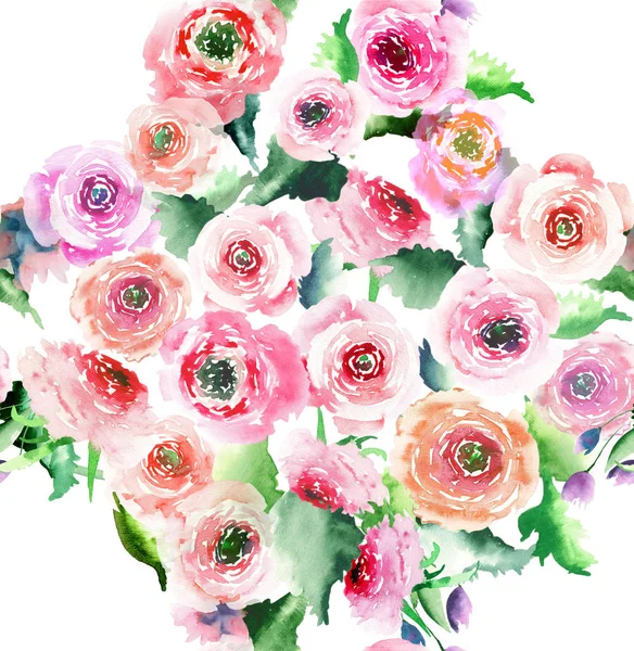 Όμορφη διαγωνισμού πανέμορφο φωτεινό υπέροχο φλοράλ άνοιξη ranunculus τριαντάφυλλα με μοτίβο πράσινο φύλλα ακουαρέλας χέρι σκίτσο — Φωτογραφία Αρχείου