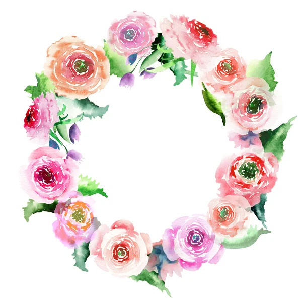 Güzel ihale muhteşem parlak güzel çiçek bahar gül Düğünçiçeği yeşil yaprakları çelenk suluboya el çizim ile