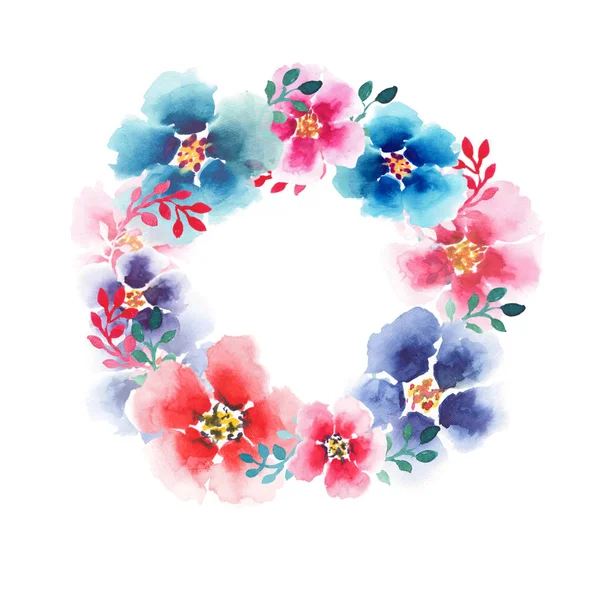 Linda sofisticado floral herbal lindo brilhante primavera colorido flores silvestres rosa milho malva delphinium com bifes coroa de flores aquarela esboço da mão — Fotografia de Stock