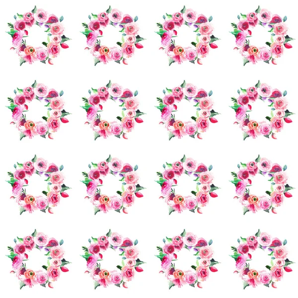 Sofistikerade härlig anbud vacker blommig växtbaserade underbara ljusa vår färgglada blommor ros Malva delphinium med knoppar krans borrhålsinstruktionen akvarell hand — Stockfoto
