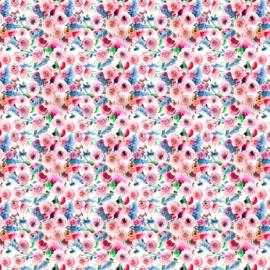 Sofistike ihale güzel çiçek bitkisel muhteşem parlak bahar renkli kır çiçekleri rose ebegümeci delphinium tomurcukları desen suluboya el çizim ile