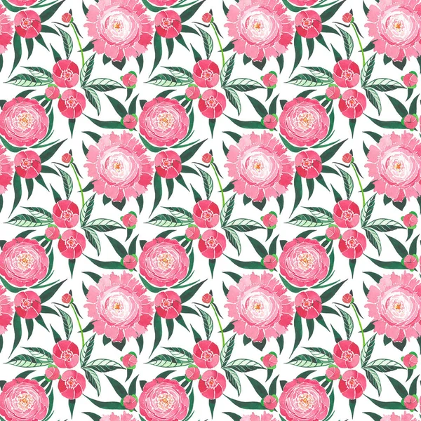 Printemps tendre graphique floral composition mignonne à base de plantes d'une pivoines roses avec des feuilles vertes motif aquarelle croquis à la main — Photo