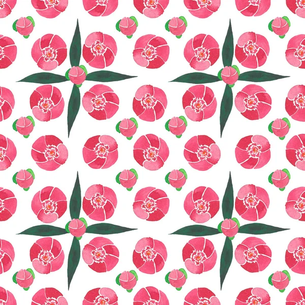 Belle composition graphique de printemps floral tendre d'un bourgeon pivoines roses avec motif feuilles vertes aquarelle croquis à la main — Photo