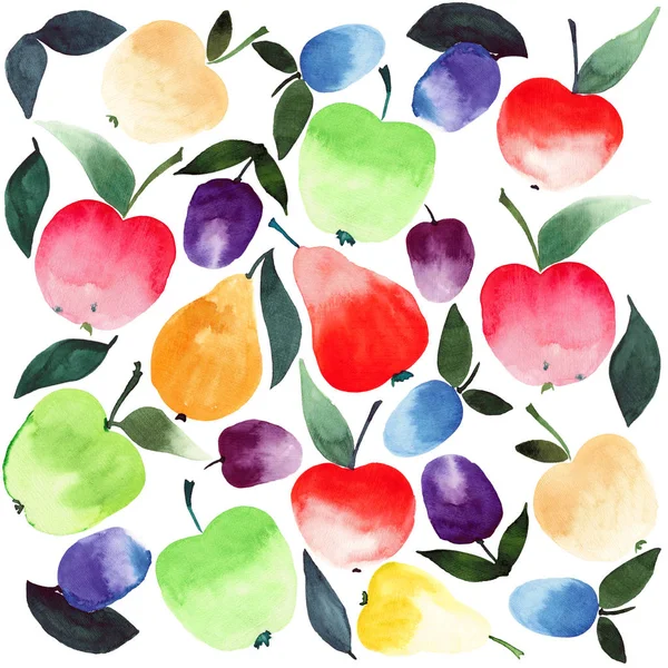 Schöne bunte anspruchsvolle Sommer saftig leckere Birnen Äpfel Pflaumen orange grün rot violett und gelb Farben mit grünen Blättern Muster Aquarell Hand Illustration — Stockfoto