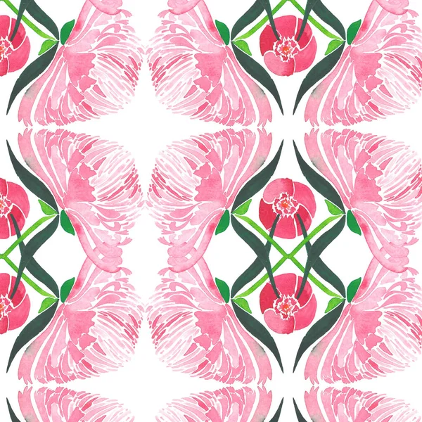 Krásné krásné zadávací bylinné květinové abstraktní kompozice růžové pivoňky s zelené listy ilustrace akvarelu ruku vzor — Stock fotografie