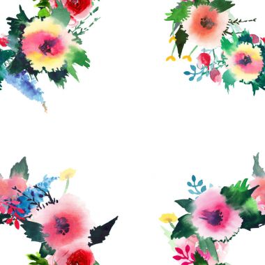 Güzel parlak sofistike güzel şirin bahar renkli çiçekler tomurcukları kompozisyon suluboya resim el