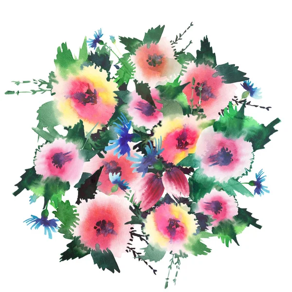 Hermosa hierba brillante sofisticado floral primavera coloridas flores silvestres con brotes composición acuarela mano ilustración — Foto de Stock