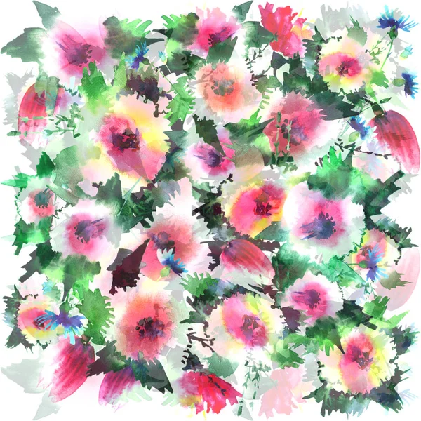 Gorgeous abstract bright sophisticated floral spring colorful wildflowers with buds pattern watercolor hand sketch — Stock Photo, Image