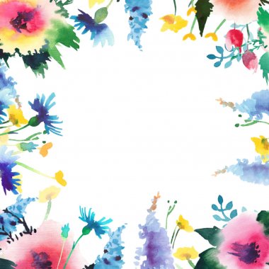 Parlak güzel güzel bahar çiçek renkli kır çiçekleri vereceğim ebegümeci delphinium lupins tomurcukları çerçeve suluboya el kroki ile yükseldi