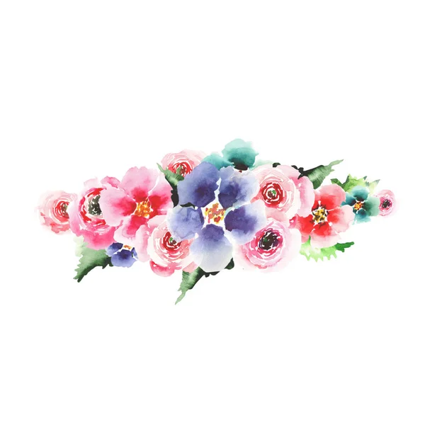 Wyrafinowane przetargu piękny kwiatowy ziołowe Artystyczny wspaniałe kolorowe mallow i róże z akwarela kompozycja liści ręcznie szkic — Zdjęcie stockowe