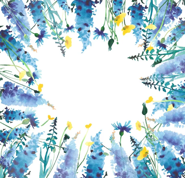 Schöne wunderschöne helle florale Frühling bunte Delphine Lupinen und Kornblumen Rahmen mit Knospen Muster Aquarell Hand Illustration — Stockfoto