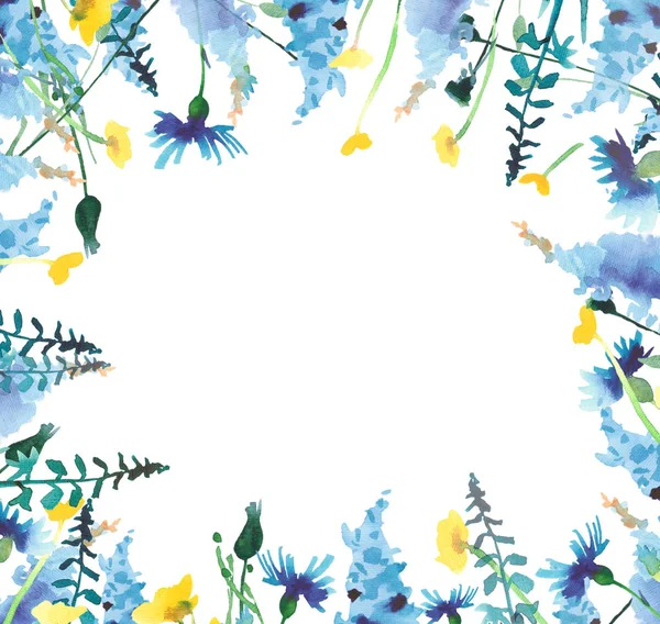 Schöne wunderschöne helle Blumen Frühling bunte Delphine Lupinen und Kornblumen Rahmen mit Knospen Muster Aquarell Handskizze — Stockfoto