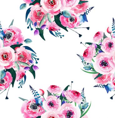 Güzel parlak yumuşak güzel muhteşem bahar renkli gül sofistike ve kır çiçekleri tomurcukları çerçeve suluboya el ile kroki