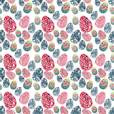 Suluboya el illüstrasyon renkli soyut grafik güzel parlak çiçek bitkisel Paskalya yumurtaları çapraz düzenlenmiş