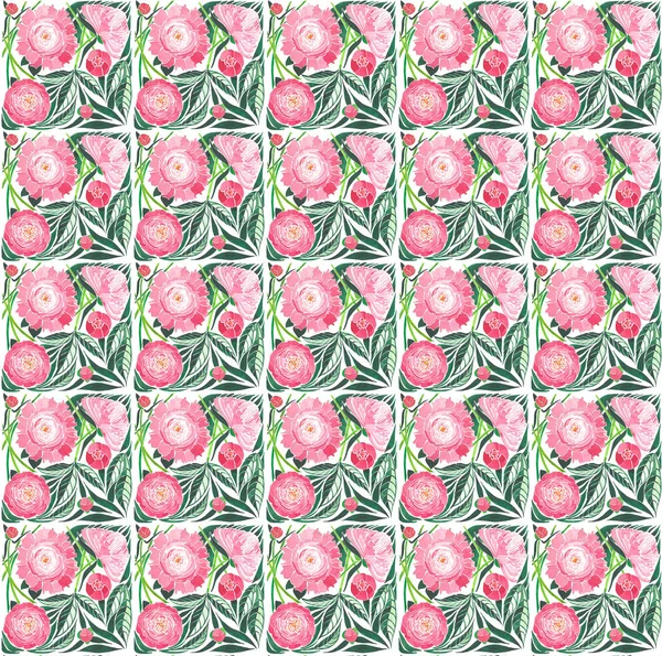 Brilhante concurso herbal floral colorido composição de um peônias rosa com folhas verdes no fundo branco padrão aquarela mão esboço — Fotografia de Stock