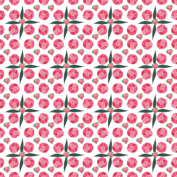 Krásné abstraktní nabídku grafických květinové jarní vzor růžové pivoňky se zelenými listy vzor akvarelu ruka ilustrace — Stock fotografie
