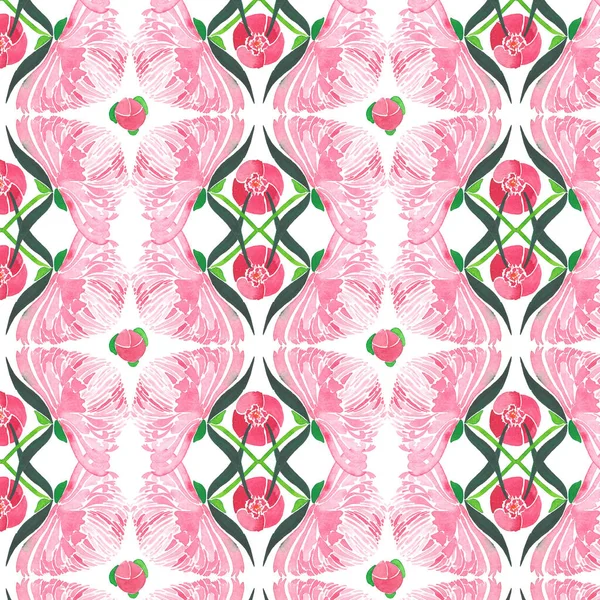 Maravilhoso colorido bonito concurso abstrato gráfico herbal floral composição de um peônias rosa com padrão de folhas verdes aquarela mão ilustração — Fotografia de Stock