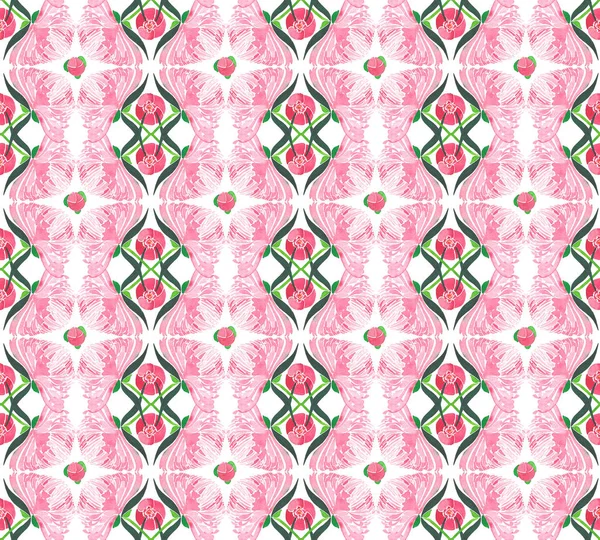 Sofisticado hermoso tierno gráfico abstracto a base de hierbas composición floral de una peonías de color rosa con el patrón de hojas verdes acuarela boceto de mano — Foto de Stock