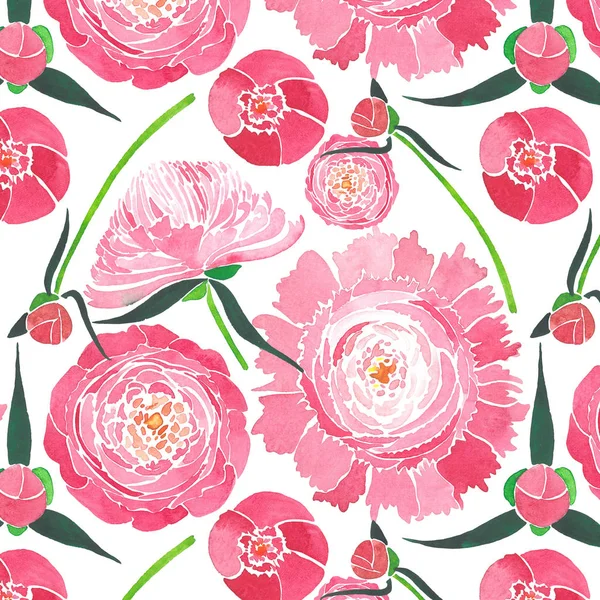 Wunderbare elegante zarte Kräuterflorale Komposition einer rosa Pfingstrose mit grünen Blättern und roten Knospen Muster Aquarell Handskizze — Stockfoto