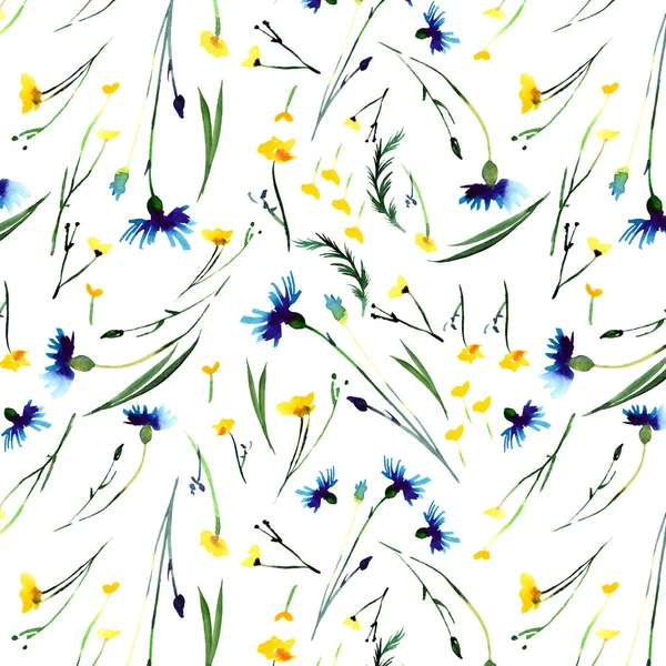Bonito concurso suave delicado brilhante floral primavera colorido delphiniums lupins e flores de milho com botões e grama composição aquarela mão ilustração — Fotografia de Stock