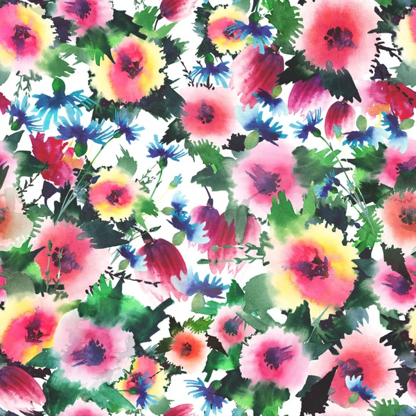 Schöne helle schöne wunderbare niedliche Frühling Blumen bunte Wildblumen Rose Kornblumen Malve Delphinium Lupinen mit Knospen Muster Aquarell Hand Illustration — Stockfoto