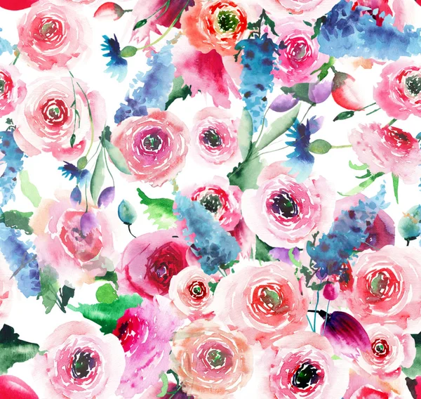 Bella tenera gentile elegante bella floreale a base di erbe splendida primavera brillante colorato fiori di campo rosa malva delfinio con boccioli modello acquerello mano illustrazione — Foto Stock