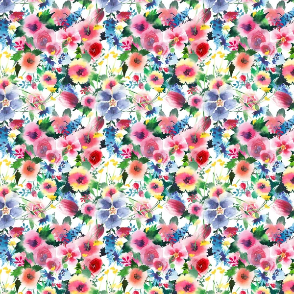 Wonderful beautiful bright lovely floral herbal colorful wildflowers rose cornflowers mallow delphinium lupins with buds pattern watercolor hand illustration — Stock Photo, Image